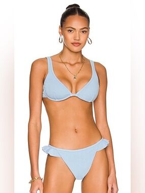 NWT MinkPink Blue Textured Bikini Set Ruffle Bottom Underwire Top Size L